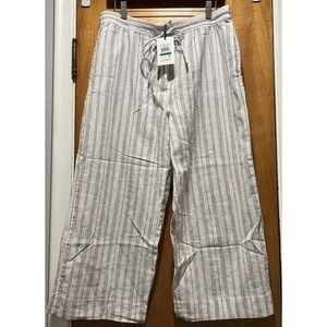 DKNY Cropped Wide Leg Linen Blend Pants Size Large White With Black Stripes NWT